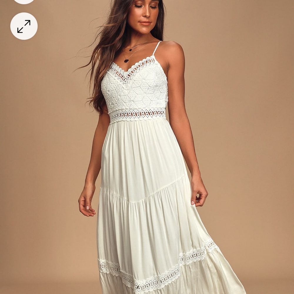Lulus Bohemian White Crocheted Lace Backless Maxi Dress